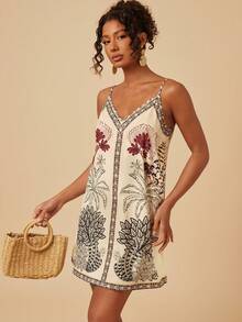 Travachic V-Neck Spaghetti Strap Loose Retro Print Vacation Dress,Tropical Parrot Pattern,Suitable For Summer Outfits,Summer Dresses Women,Beach Casual - Multicolor - View 5