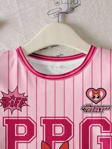 THE POWERPUFF GIRLS X SHEIN 少女休闲日常通勤时尚街头条纹花朵、泡泡、毛茛图案短袖T恤，夏季 - 白色 - 查看 5