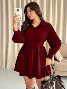 Vionelle 大码纯色收腰长袖梭织衬衫领连衣裙，秋冬款 - 酒紅色 - 查看 6