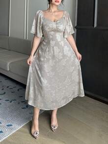 Dazy Plus Textured Fabric Square Collar Ruffle Sleeve Waist Cinched Elegant Long Dress, Spring/Summer - Grey - View 6