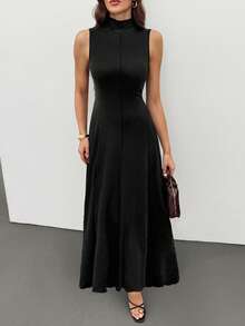 SHEIN Tall Đầm cổ cao không tay màu đen cho nữ, đầm dài mùa thu, trang phục đi biển cho nữ, đầm thanh lịch, đầm dạ hội, đầm mùa thu cho nữ, đầm dự tiệc prom, đầm, đầm dự lễ hội homecoming, trang phục đi biển cho nữ, đầm, đầm vintage, đầm đen, đầm hè cho nữ, đầm dự tiệc trà. - màu đen - Xem 7