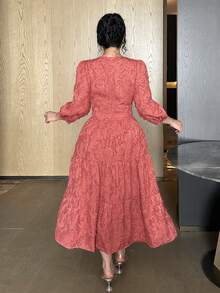 Dazy Plus 大码女士优雅V领提花镂空纹理灯笼袖修身长款派对连衣裙，粉色吊带裙 - 藕粉色 - 查看 9