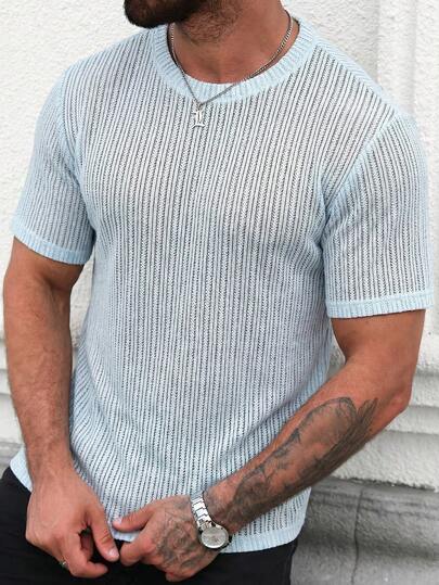 Manfinity RSRT Men's Comfortable Jacquard Hollow-Out Short Sleeve Crew Neck T-Shirt, Suitable For Casual Vacation, Minimalist Office, Minimalist Business, Daily Dates, Casual Home, Fashionable Parties, Dining And Gatherings, Can Be Worn With Casual Outfits Or Alone, Suitable For Self-Wear Or Gifting To Friends