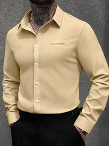 Manfinity Bizformal Men's Solid Color Single-Breasted Casual Business Long Sleeve Shirt - Khaki - View 5