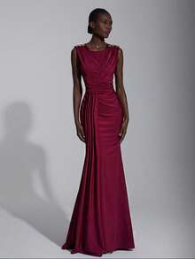 Elitara 优雅弹力针织面料泳衣，圆领带垫肩和褶皱细节，金属纽扣装饰，褶皱腰身，美人鱼廓形，侧边垂褶，适合婚礼、派对、度假、盛会和正式场合（厚款） - 酒紅色 - 查看 6