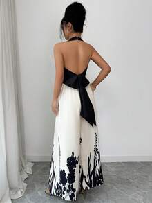 Rafferiza Women's Elegant French Style Black Patchwork Halter Backless Bowknot Tie Waist Long Printed Casual Jumpsuit, Spring/Summer - Apricot - View 2