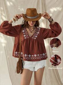 Wildy 波西米亚风女士休闲乡村西部复古刺绣长袖衬衫，日常百搭休闲衬衫，适合女性度假、夏季旅行、春假、春夏假期等各种场合。 - 摩卡棕 - 查看 1
