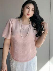 Dazy Plus Pink Elegant Cropped Shirt With Round Neck Short Sleeve - Pink - View 6