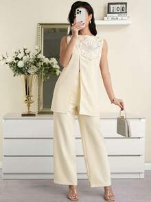 Modelyn 女士优雅水钻装饰无袖上衣和裤子两件套，夏季 - 黃色 - 查看 7