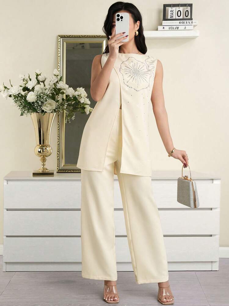 Modelyn 女士优雅水钻装饰无袖上衣和裤子两件套，夏季 - 黃色 - 查看 7