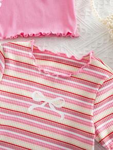 SHEIN 3件套女童可爱罗纹荷叶边蝴蝶结印花圆领上衣 - 彩色 - 查看 4