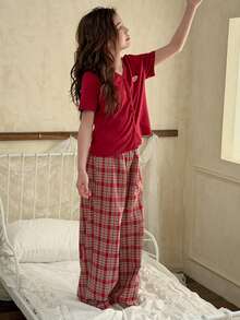 DAZY Tween Girl Letter Print Patch-Up Short Sleeve Top And Patch Pants Pajama Set - Burgundy - View 5