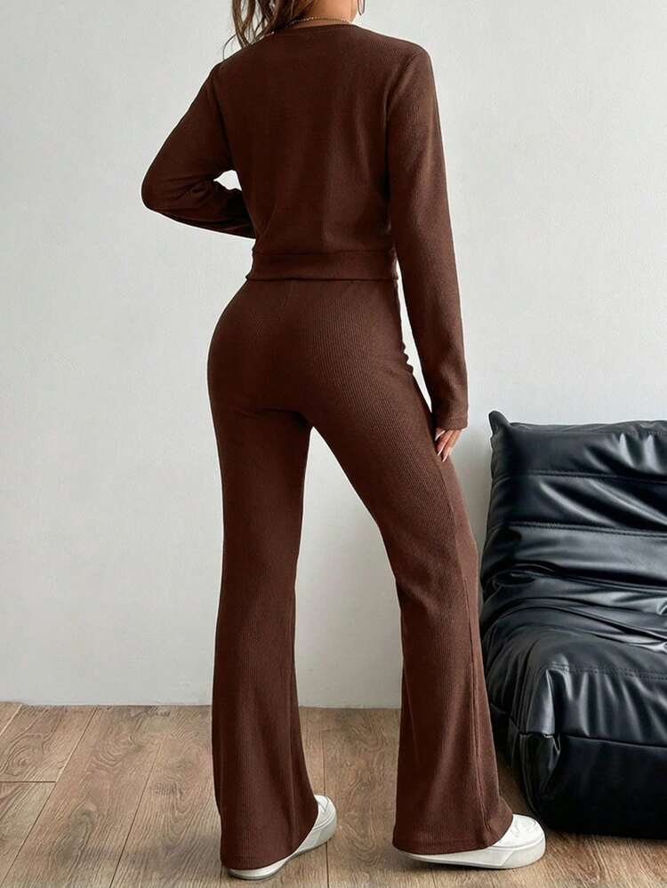 EURMUSE 2pcs Women Casual Solid Color Long Sleeve Top & Flared Pants Set, Autumn - Brown - View 2