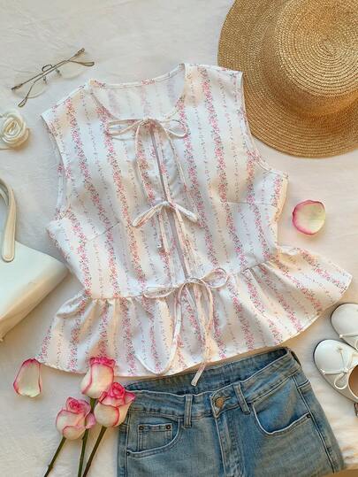 Comfortcana Women's Minimalist Print Tie-Up Sleeveless Shirt Summer Outfit For Women