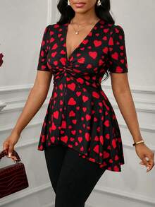 SHEIN Lady Women's Heart Print Twist Hem Asymmetric Hem T-Shirt - Multicolor - View 5