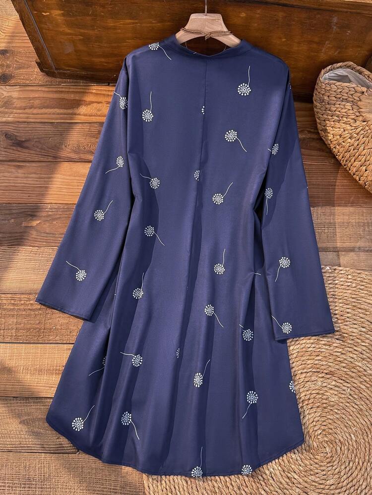 Plus Size Women's Summer Casual Vacation Country Floral Print Navy Blue Long Sleeve Short Dress,Early Spring,Spring Break Outfits ,Vacation Outfits Women ,Holiday Outfits For Women,Spring Clothes Women,Going Out Outfits,2026 New Clothes,Simple And Fashionable For Everyday Wear,Sun Dresses For Women,Sundress,Flowy Dress,Holiday Outfits Boho