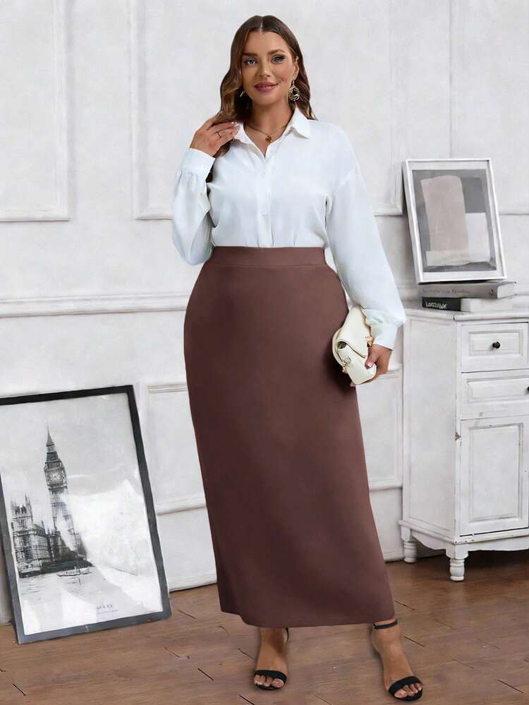 Plus Size Women Solid Color A-Line Skirt, Casual Office Wear,Spring Break, Vacation Women, Holiday For Women,Going Out,2026 New,Simple And Fashionable For Everyday Wear
