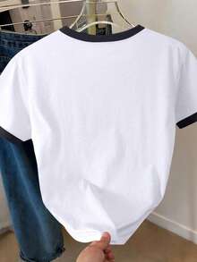 Tween Girls' Casual Fashion Minimalist Classic Equestrian Rider Logo Contrast Trim Short Sleeve Round Neck T-Shirt, Suitable For Outdoor Wear In Summer - Multicolor - View 2