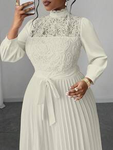 Maweii 大码女士优雅拼接收腰长裙 - 杏色 - 查看 4