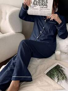 Napfluff Conjunto de pijama de pantalón y cárdigan de manga larga, cómodo y casual para mujer - Azul Marino - Ver 6