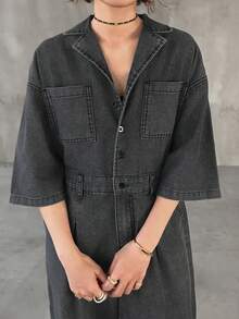 FRIFUL Women's Casual Everyday Commute Lapel Collar Slant Pocket Loose Wide Leg Denim Jumpsuit - Grey - View 5