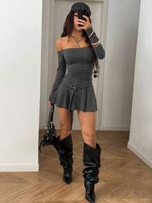 StreetHx Đầm dài tay ôm sát, hở vai dành cho nữ - Xám - Xem 6