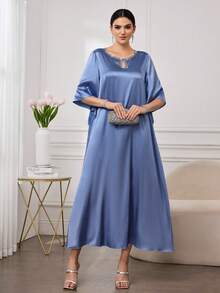 Al Najma Women's New Elegant Satin Fabric Shiny Luxurious Rhinestone Keyhole Neck Dress, Minimalist & Fashionable - Purple - View 4