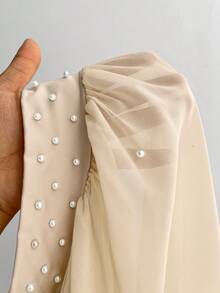 Elenzga 情人节加大码女士优雅圆领网纱拼接珍珠装饰长袖连衣裙，春夏新款时尚吊带裙配披肩 - 杏色 - 查看 8