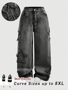 SHEIN CURVE+ 大码休闲水洗磨边阔腿牛仔裤 - 黑色 - 查看 1