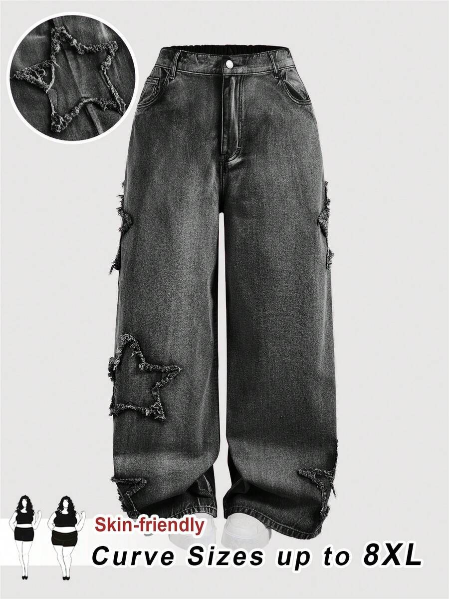 SHEIN CURVE+ 大码休闲水洗磨边阔腿牛仔裤 - 黑色 - 查看 1