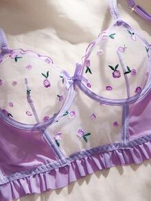5件套紫色蕾丝钢圈花卉性感内衣套装