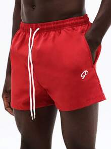 SUMWON Beach Swimming Trunks With Drawstring Waist Side Pockets Summer Swim Shorts , Pool Water Activities Elastic Waistband Logo Detail Casual Swimwear - Red - View 5
