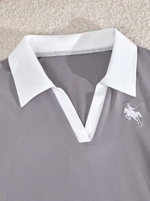 Teen Girl Contrast Collar Long Sleeve T-Shirt And Pants Set - Grey - View 3