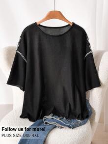 CosyJoli Áo thun nữ cỡ lớn cổ tròn, tay ngắn, chất liệu gân, kiểu dáng thường ngày. - màu đen - Xem 1