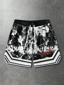 ROMWE MEN Street Life Men's Casual Dark Print Loose Shorts, Summer - Black - View 1