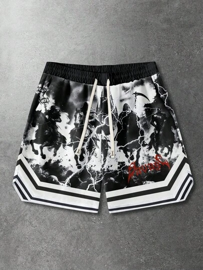 ROMWE MEN Street Life Men's Casual Dark Print Loose Shorts, Summer