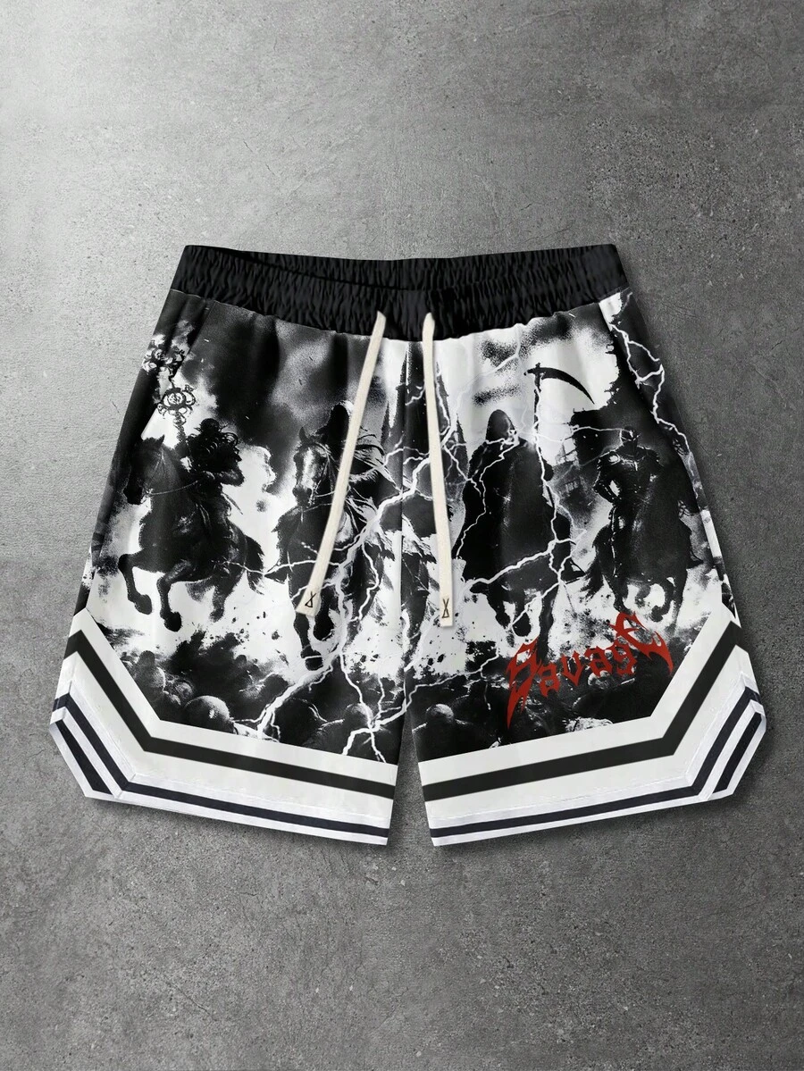 ROMWE MEN Street Life Men's Casual Dark Print Loose Shorts, Summer - Black - View 1