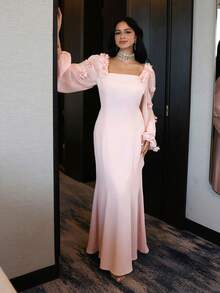 Women's Solid Color 3D Floral Decor Square Neck Lantern Sleeve Elegant Dress - Baby Pink - View 3