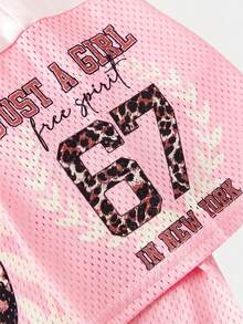 SHEIN 少女休闲街头风 Y2K 豹纹 67 标语拼接网眼 V 领罗纹饰边宽松落肩短袖针织 T 恤，粉色 - 粉色 - 查看 5