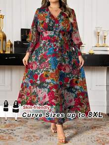 SHEIN CURVE+ New Luxury Elegant High-End Long Wrap Dress, Wide Hem, V-Neck, Long Sleeve - Multicolor - View 9