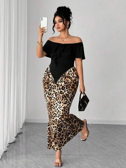 Elenzga Plusstorlek Elegant Vintage Fransk Stil Off Shoulder Volangklänning i Midja med Leopardmönster, Avslappnad & Modern För Alla Hjärtans Dag