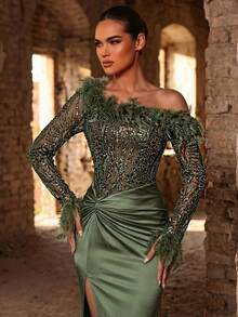 Glamrae Elegant Formal Sexy Pearl Sequin Embroidered Strapless Mermaid Dress Ruched Elastic Knit Gown Furry Twist Sleeve Wedding Prom Rehearsal Dinner Party - Army Green - View 1