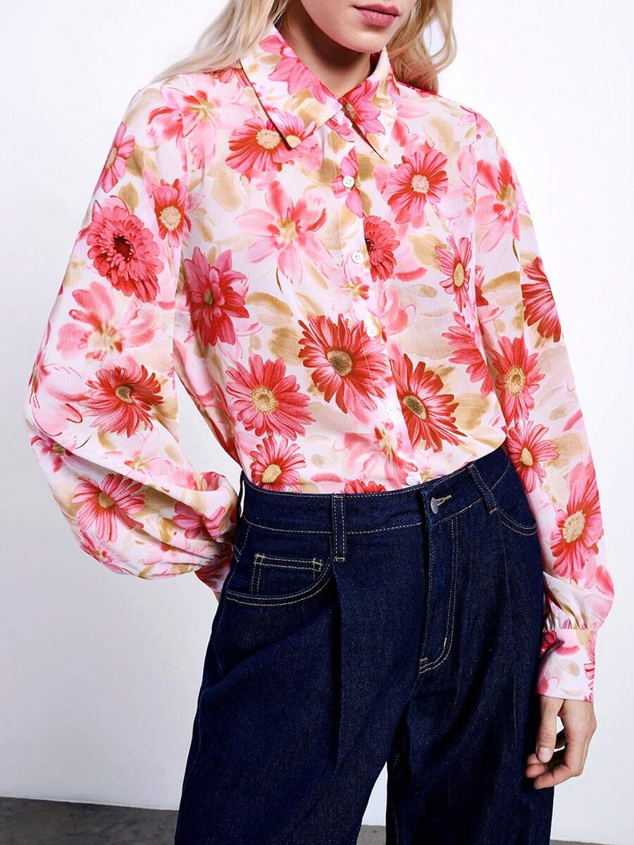 Maija 女士浪漫优雅花卉印花纽扣衬衫，情人节、节日适用