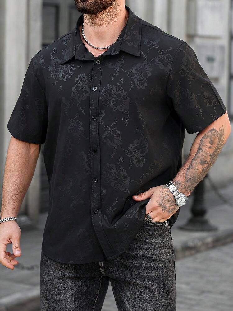 ARLO REED Men Plus Size Single-Breasted Casual Black Floral Print Short Sleeve Shirt, Formal, Ceremony - Black - View 4