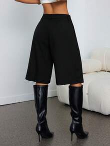 SHEIN PETITE 女士休闲灰色百慕大短裤，适合通勤，春季阔腿短裤，女士长款短裤，阔腿短裤，女士保守短裤，宽松短裤 - 黑色 - 查看 2