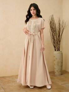 Đầm dự tiệc thanh lịch cổ tròn, đính ren, eo nhún, xẻ tà cho thiếu nữ, màu be, màu mơ, đầm dài, màu sâm panh, đầm màu be, đầm dài cho bé gái, đầm sâm panh cho thiếu nữ, đầm màu be cho bé gái, đầm màu nude, đầm màu be cho thiếu nữ, đầm sinh nhật cho thiếu nữ, quần áo thiếu nữ, đầm mùa hè, đầm maxi, đầm đi nghỉ mát, đầm màu nude cho bé gái - Rượu sâm banh - Xem 1