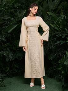 Al Najma 优雅长袖拼接侧系腰连衣裙 - 杏色 - 查看 3