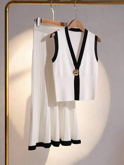 Franclia 女士春夏针织两件套，上衣搭配背心开衫，金属纽扣装饰，A字裙，优雅度假装扮