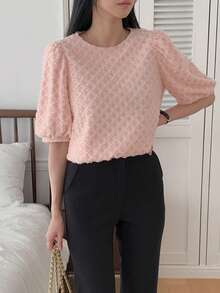 DAZY Women's Plaid Textured Round Neck Pullover Puff Sleeve Elegant Blouse, Suitable For Spring And Autumn - Pink - View 4