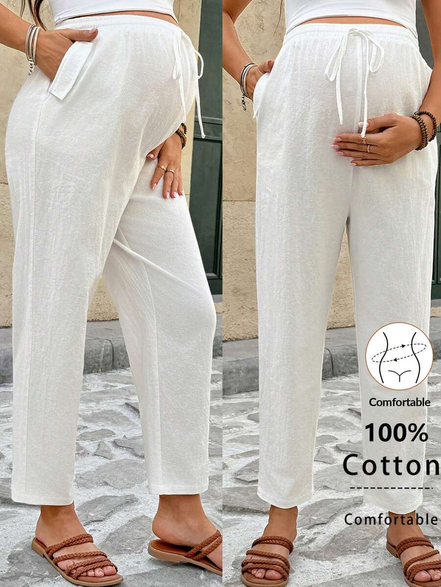 SHEIN 孕妇度假白色长裤夏季款，女士纯色抽绳腰带口袋休闲锥形裤，白色棉质透气舒适长裤 - 白色 - 查看 1